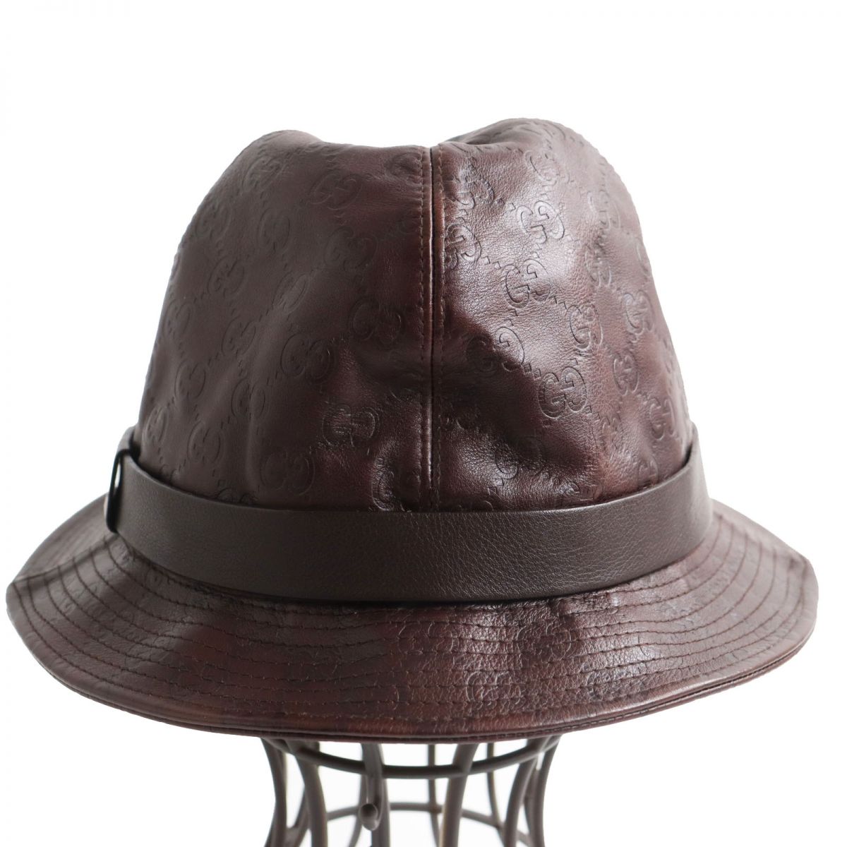 Gucci Leather GG Pattern Fedora Hat Brown S