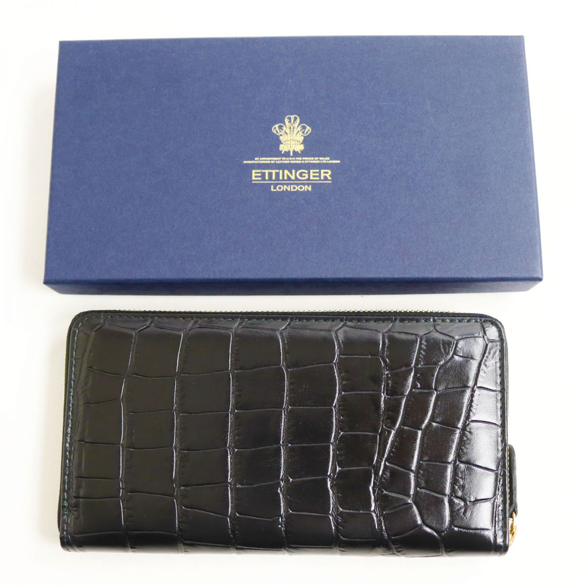 ETTINGER Crocodile Embossed Leather Long Wallet Black