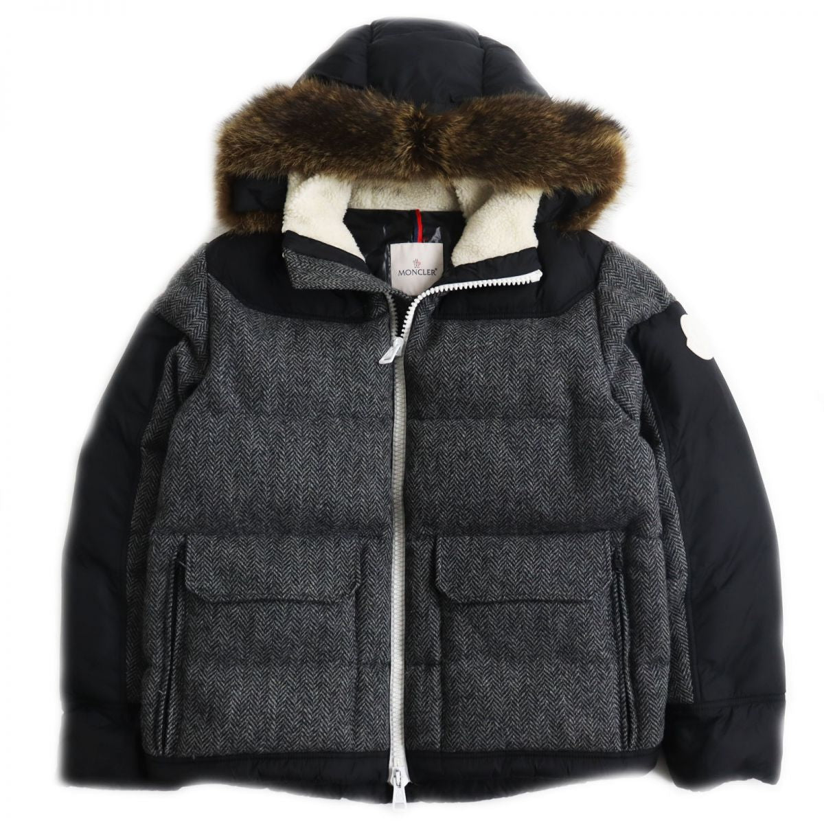 Moncler Herringbone Hooded Down Jacket Grey Black