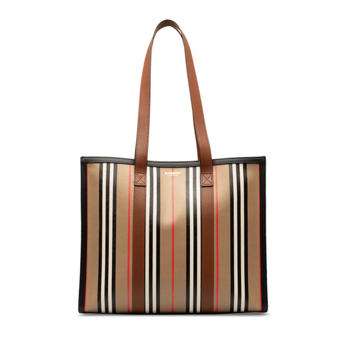 Burberry Stripe Tote Bag Brown Black PVC Leather