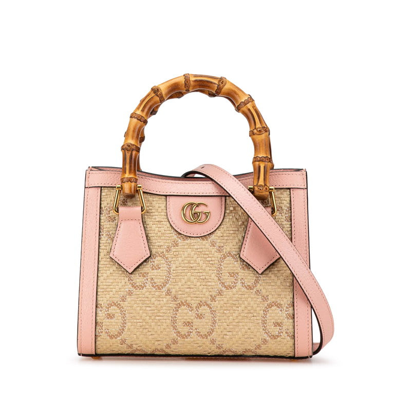 Gucci Diana Mini Bamboo Raffia Leather Handbag