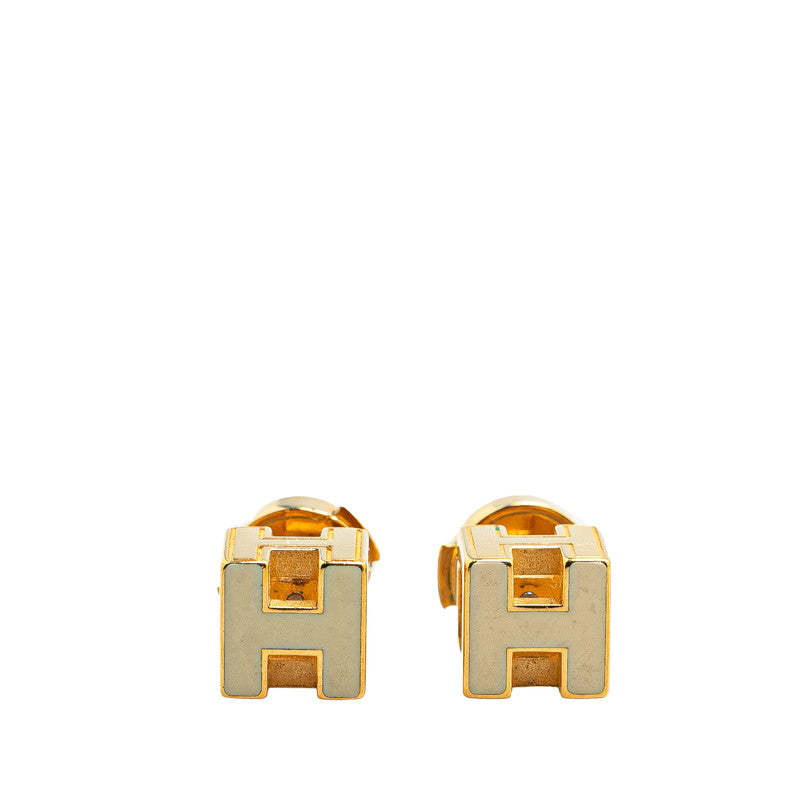 Hermes Caged d'Ash H Cube Earrings Gold Ivory