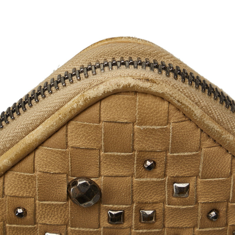 Bottega Veneta Leather Studded Intrecciato Round Zipper Long Wallet in Good Condition