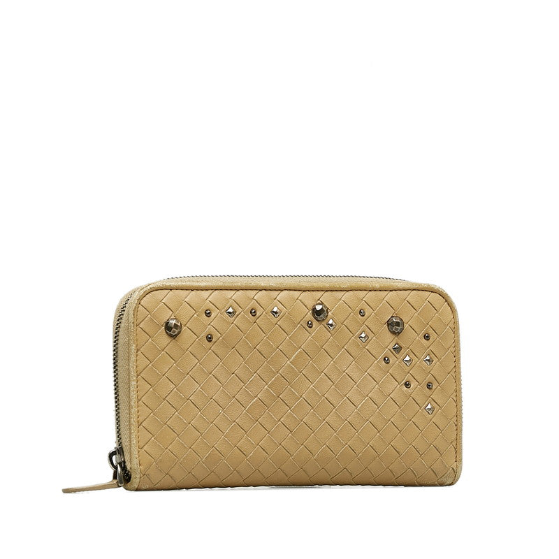 Bottega Veneta Leather Studded Intrecciato Round Zipper Long Wallet