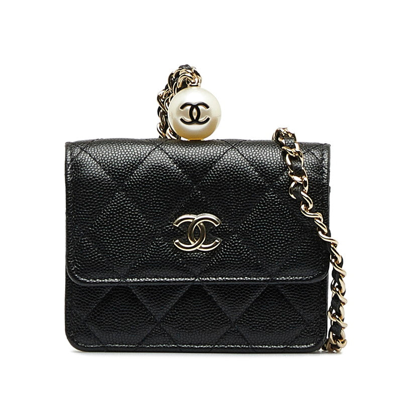 Chanel Caviar Skin Matelasse Coco Mark Faux Pearl Chain Coin Purse Card Case