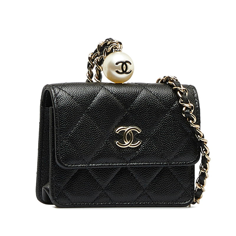 Chanel Caviar Skin Matelasse Coco Mark Faux Pearl Chain Coin Purse Card Case in Great Condition