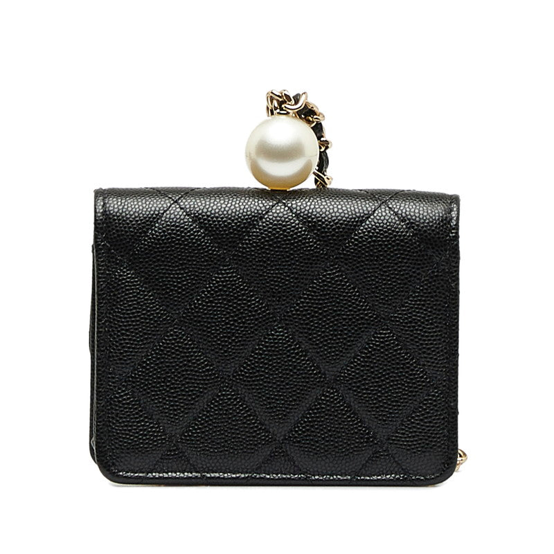 Chanel Caviar Skin Matelasse Coco Mark Faux Pearl Chain Coin Purse Card Case in Great Condition