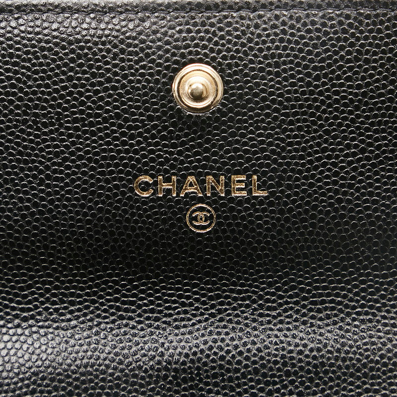 Chanel Caviar Skin Matelasse Coco Mark Faux Pearl Chain Coin Purse Card Case in Great Condition