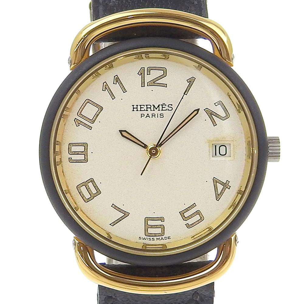 Hermes Pullman Watch Stainless Steel Gold Plated Leather Quartz