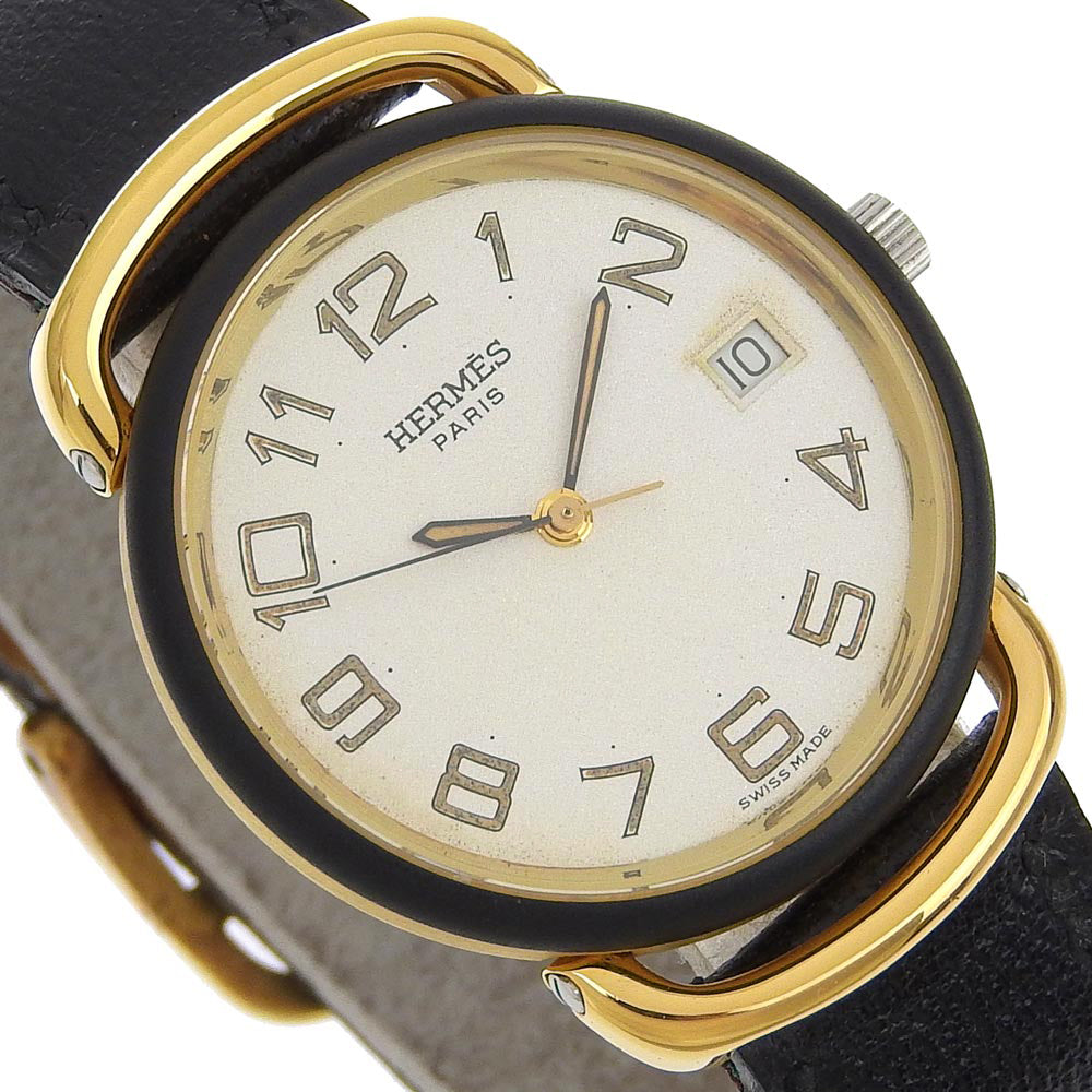 Hermes Pullman Watch Stainless Steel Gold Plated Leather Quartz