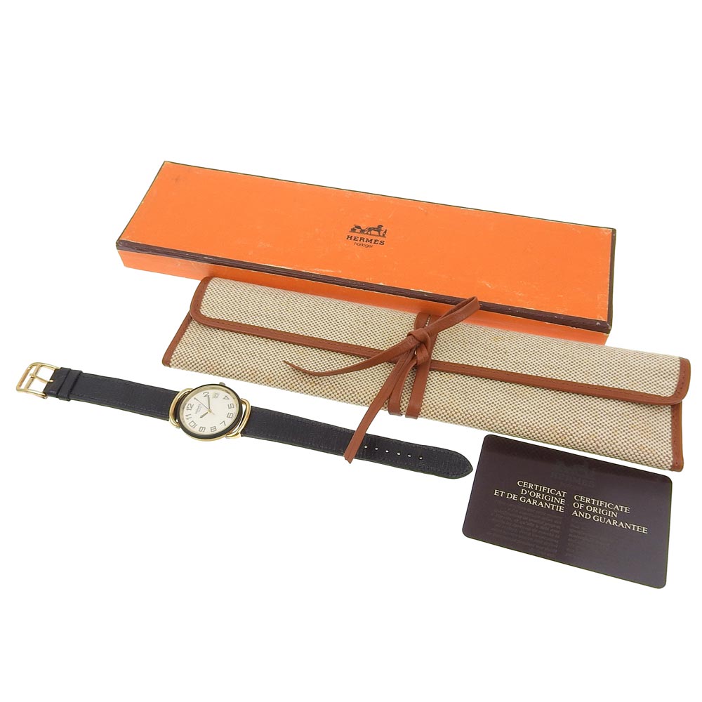 Hermes Pullman Watch Stainless Steel Gold Plated Leather Quartz