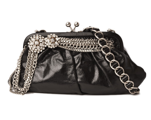 Rada Leather Pearl Clutch Bag with Chain and Rhinestones in Pristine Condition