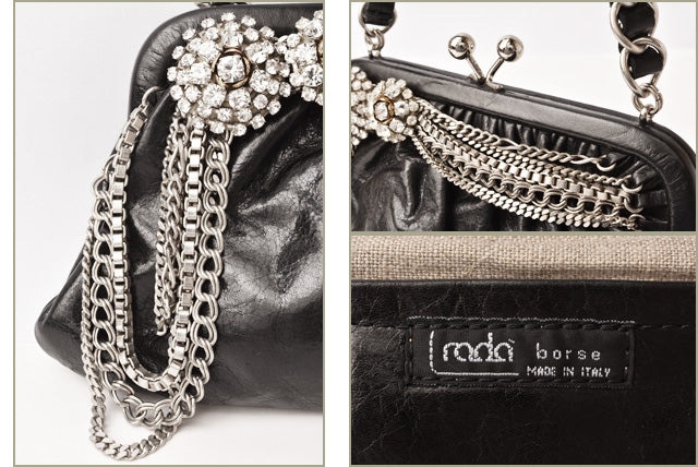 Rada Leather Pearl Clutch Bag with Chain and Rhinestones