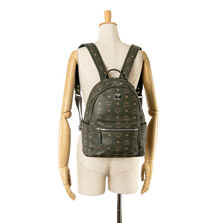 MCM Visetos Logo Leather Backpack Khaki Green in Very Good Condition