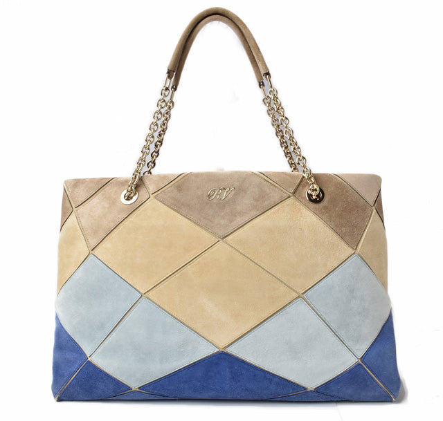 Roger Vivier Leather/Suede Shoulder Tote Bag Beige/Blue