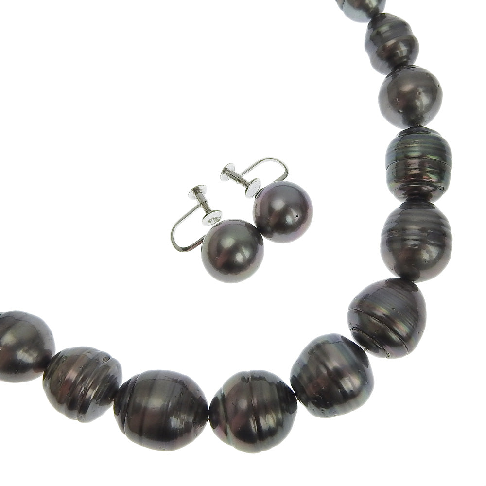 Silver Black Pearl Necklace Earring Set