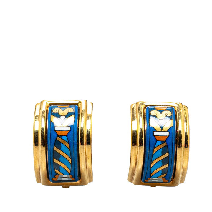 Hermes Enamel Earrings Gold Blue Multicolor