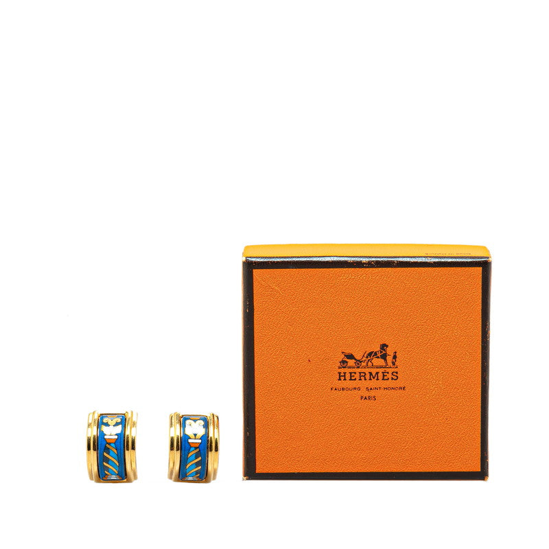 Hermes Enamel Earrings Gold Blue Multicolor