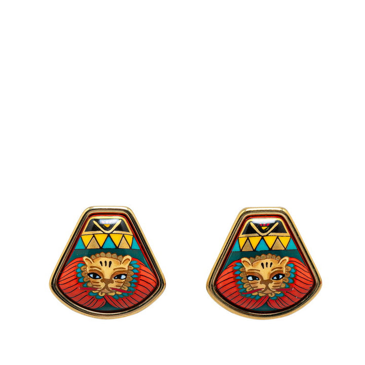 Hermes Enamel Lion Clip Earrings Gold Red