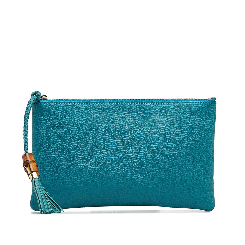 Gucci Bamboo Tassel Leather Clutch Bag Turquoise in Very Good Condition