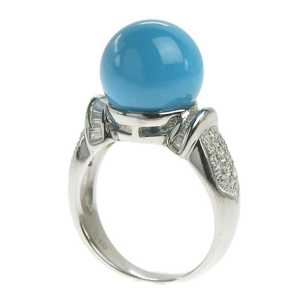 Striking Turquoise (11.8mm) Ring with 0.40ct Melee Diamonds, in Platinum Pt900, Silver, Women's Size 13 [Pre-Owned] in Excellent Condition