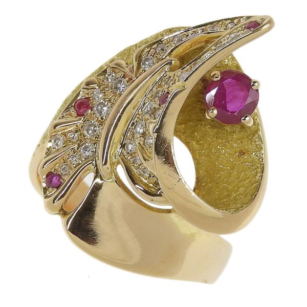 YUKIO WAKINAGA Designer Ruby (0.50ct), Melee Ruby (0.09ct) & Diamond (0.22ct) Size 16 Ring for Women, K18 Yellow Gold in Excellent Condition