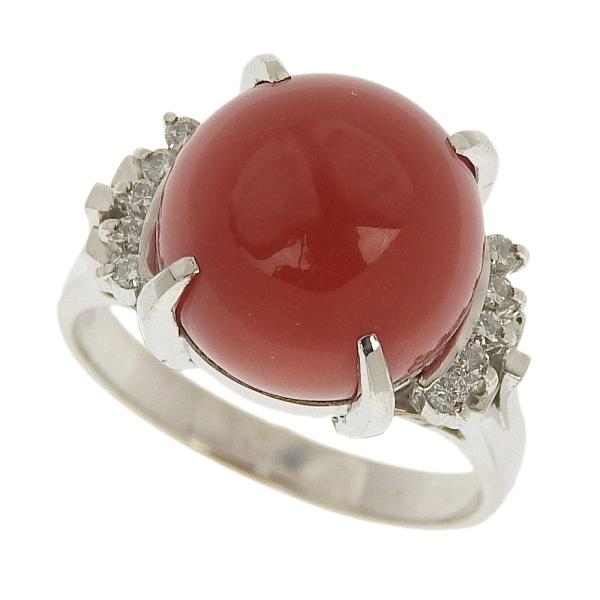 Natural Coral Ring, Pt900, Coral 11mm, Pave Diamond 0.11ct, Size 11.5, Platinum, For Women, Pre-owned in Excellent Condition