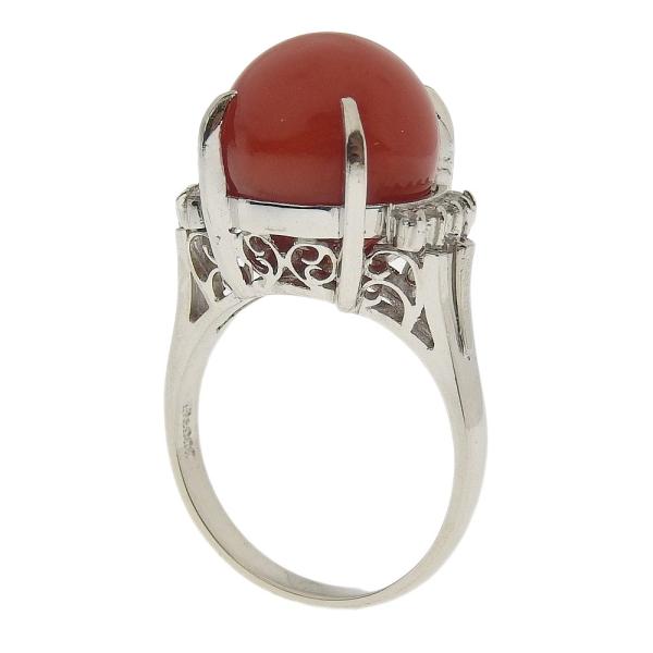 Natural Coral Ring, Pt900, Coral 11mm, Pave Diamond 0.11ct, Size 11.5, Platinum, For Women, Pre-owned