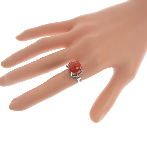 Natural Coral Ring, Pt900, Coral 11mm, Pave Diamond 0.11ct, Size 11.5, Platinum, For Women, Pre-owned in Excellent Condition