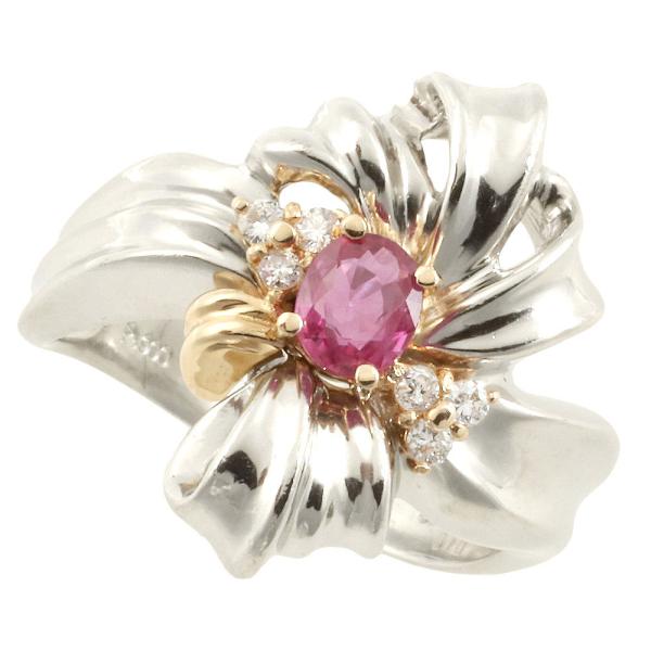 No Brand PT900 K18YG Platinum & Yellow Gold Ring with Natural Corundum Ruby of 0.41ct, Embellished with Diamonds, Women's Silver Ring  in Excellent Condition