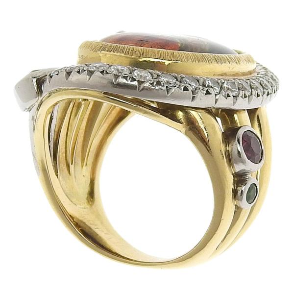 MITSUO KAJI Enamel Miniature, Size 9, K18 Yellow Gold & PT900 Diamond, Emerald Ruby Tourmaline Ring in Gold for Women