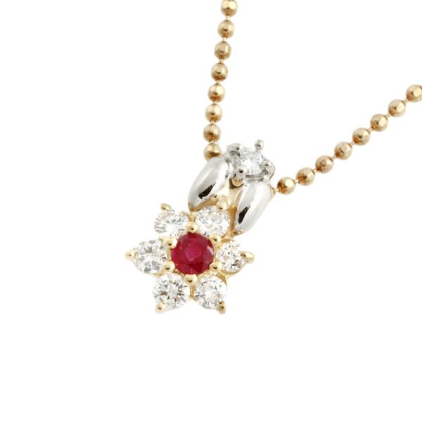 No Brand Gold Elegant Flower Necklace in K18 Yellow Gold and Platinum Pt900 with 0.08ct Ruby & 0.27ct Diamond - Women's  in Excellent Condition