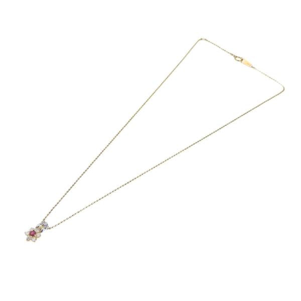 No Brand Gold Elegant Flower Necklace in K18 Yellow Gold and Platinum Pt900 with 0.08ct Ruby & 0.27ct Diamond - Women's  in Excellent Condition