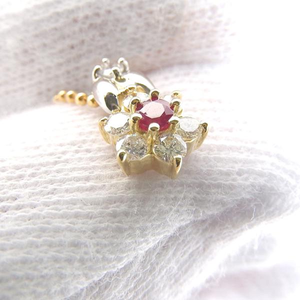 No Brand Gold Elegant Flower Necklace in K18 Yellow Gold and Platinum Pt900 with 0.08ct Ruby & 0.27ct Diamond - Women's  in Excellent Condition