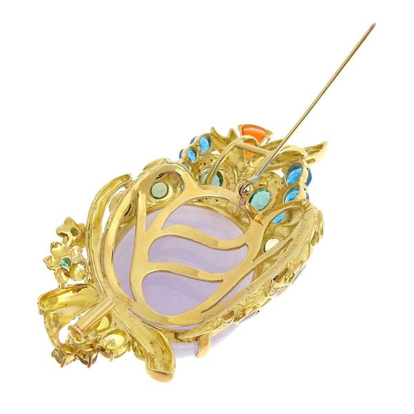 K18 Yellow Gold, Lavender Jade, Sapphire and Owl Brooch with Apaptite, Tourmaline, Opal, Emerald and Accent Diamonds for Ladies, Pre-owned