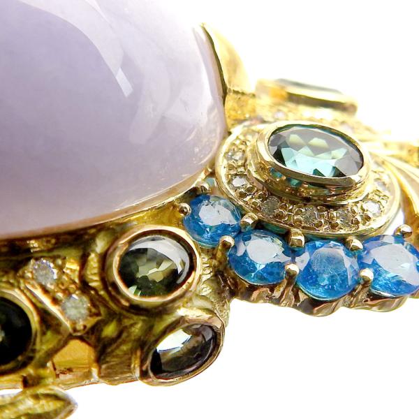 K18 Yellow Gold, Lavender Jade, Sapphire and Owl Brooch with Apaptite, Tourmaline, Opal, Emerald and Accent Diamonds for Ladies, Pre-owned in Great Condition