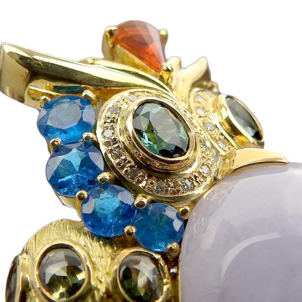 K18 Yellow Gold, Lavender Jade, Sapphire and Owl Brooch with Apaptite, Tourmaline, Opal, Emerald and Accent Diamonds for Ladies, Pre-owned in Great Condition