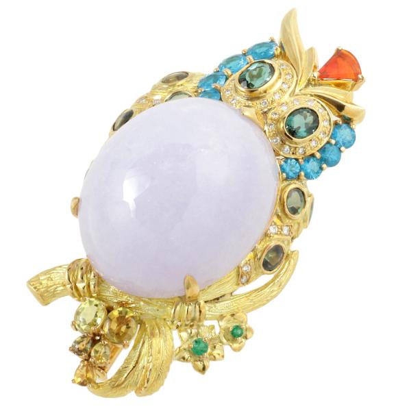 K18 Yellow Gold, Lavender Jade, Sapphire and Owl Brooch with Apaptite, Tourmaline, Opal, Emerald and Accent Diamonds for Ladies, Pre-owned in Great Condition