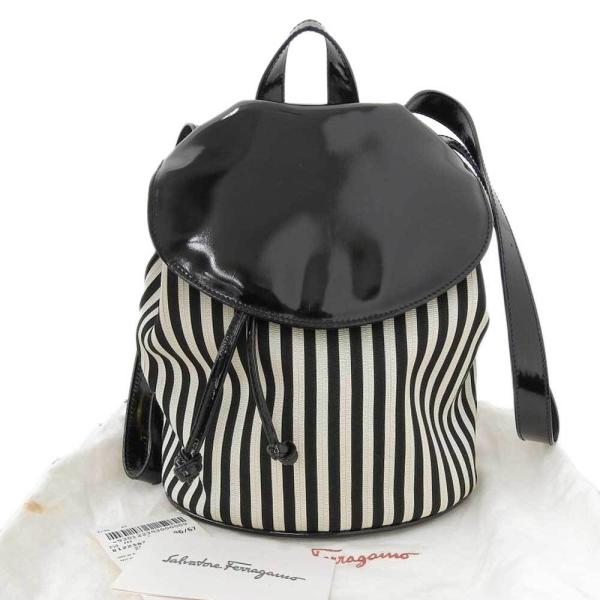 Patent Leather and Striped Canvas Backpack in Very Good Condition