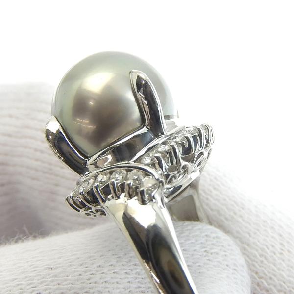 Pearl Ring - Platinum Pt900 Material, Cultivated Black Pearl, No-Brand, Diamond 0.44ct, Size 12, Ladies' Silver Jewelry (Used) in Excellent Condition