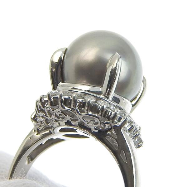 Pearl Ring - Platinum Pt900 Material, Cultivated Black Pearl, No-Brand, Diamond 0.44ct, Size 12, Ladies' Silver Jewelry (Used) in Excellent Condition