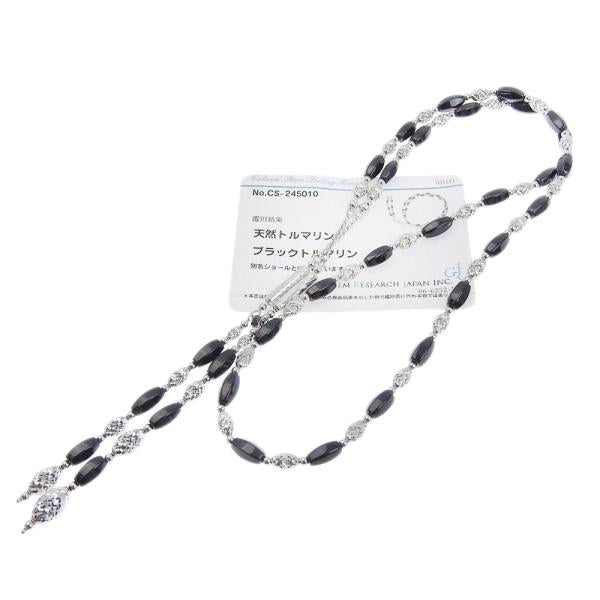 Authentic K18 White Gold Magnetic Long Shawl Necklace with Natural Black Tourmaline for Ladies in Excellent Condition