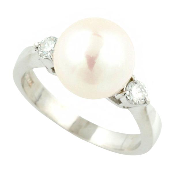 Unbranded Ring with Cultured Akoya Pearl 9.4mm, 0.20ct Diamond, Size 10, in Pt900 Platinum Silver for Women in Excellent Condition