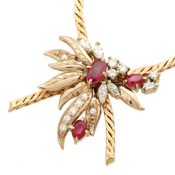 Stylish Floral Necklace with 0.77ct Melee Ruby and 0.55ct Melee Diamonds, in K18 Yellow Gold, for Women [Pre-Owned] in Excellent Condition