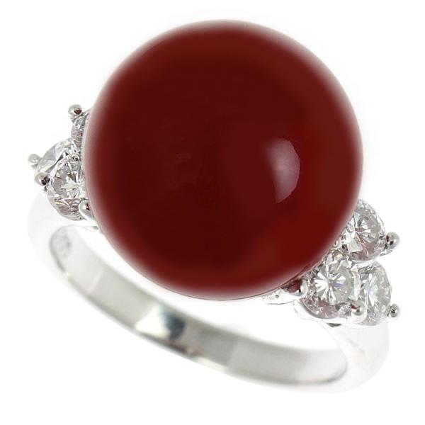 Platinum PT900 Ring, 13mm Coral with Mere Diamond 0.87ct, Highest Grade Red Coral size 8, Ladies Platinum Used Ring in Excellent Condition