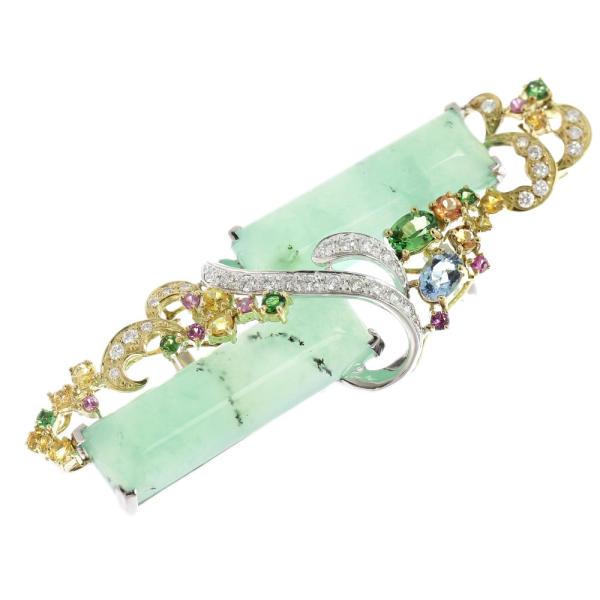 Pt900 Platinum and K18 Yellow Gold Multi-Stone Brooch with Chrysoprase, Green Garnet, Aquamarine, Tourmaline, Sapphire and Diamond (0.70ct) in Excellent Condition