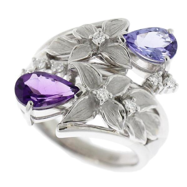 No Brand Chic Ring in 18K White Gold with Tanzanite and Amethyst, Size 12 - Ladies' Luxury in Excellent Condition