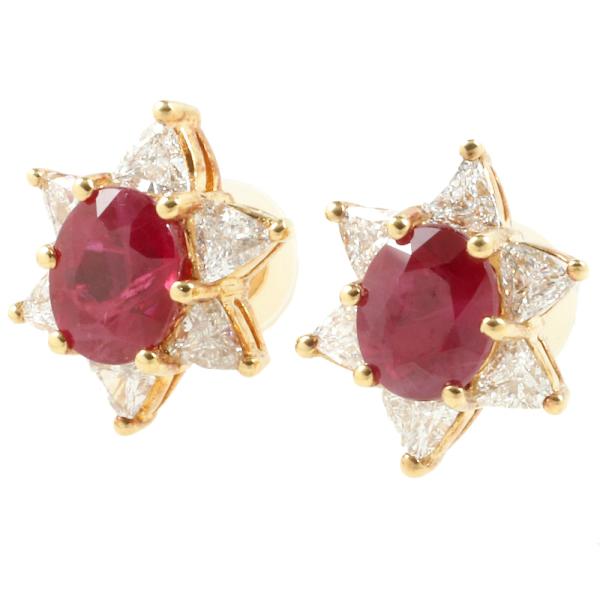 K18 Yellow Gold, 2.39ct Natural Corundum Ruby Earrings Accented with 0.83ct Diamonds for Ladies, Gold-toned, Pre-owned in Excellent Condition