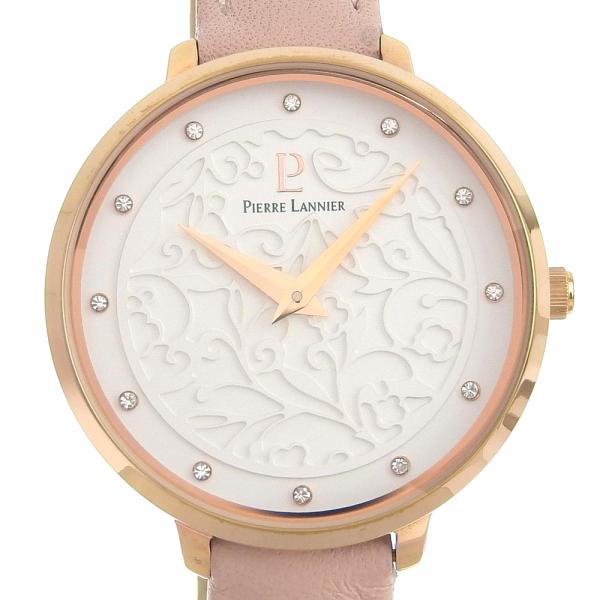 Pierre Lannier Elegant Rhinestone-Indexed Ladies Watch, Gold Plated with White Leather, Model 039L9 in Great Condition