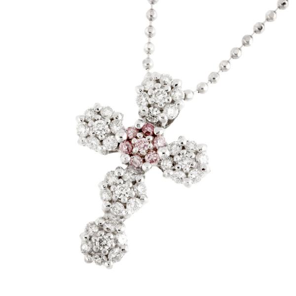 K18 White Gold Cross Necklace with Melee Pink Diamond 0.04ct & Melee Diamond 0.26ct in Silver for Women in Excellent Condition